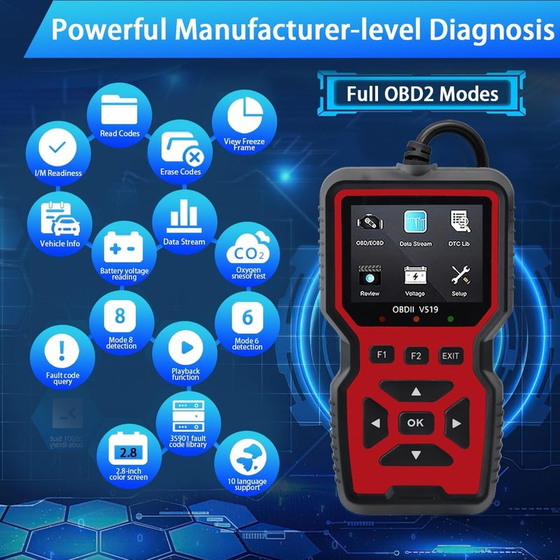 OnRetul أداة تشخيص ماسح OBD2 الجديدة 2025 - قارئ رموز ضوء فحص المحرك مع إعادة الضبط، مختبر جهد البطارية، الأوضاع 6 و 8، مناسب لجميع سيارات وشاحنات بروتوكول OBD II منذ 1996 - Image 3